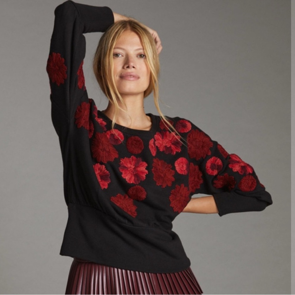 EUC Anthropologie Maeve Black Top with Red Embroidery